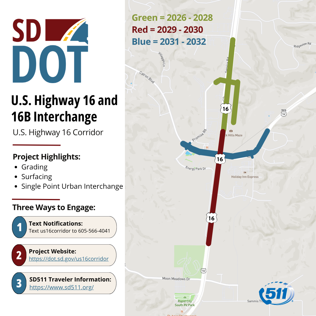 Map of the construction areas on U.S. Highway 16 at the interchange of U.S. Highway 16B