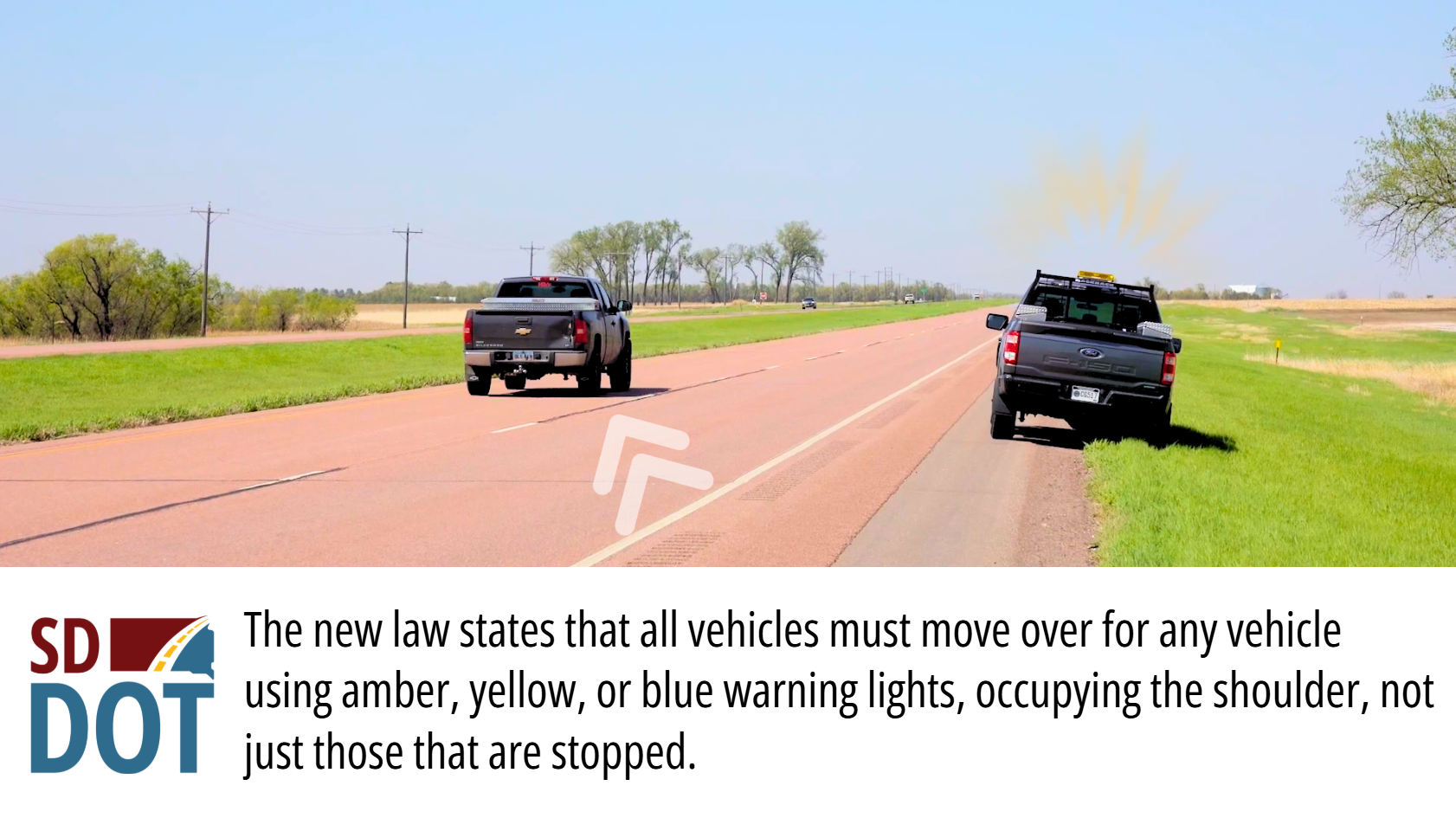 SDDOT vehicle on the shoulder of a highway while a traveler moves to the opposite lane "moving over" for the sddot vehicle with amber lights on