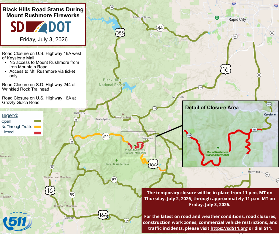 Black Hills Road Status During Mount Rushmore Fireworks. 