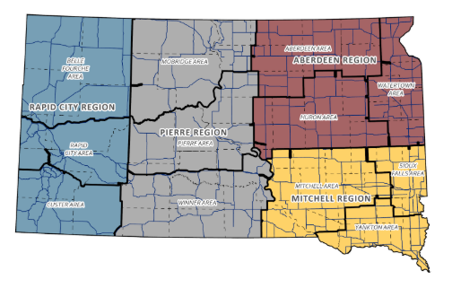 2026 map of areas and regions of SDDOT graphic links to information about active construction projects across south dakota.
