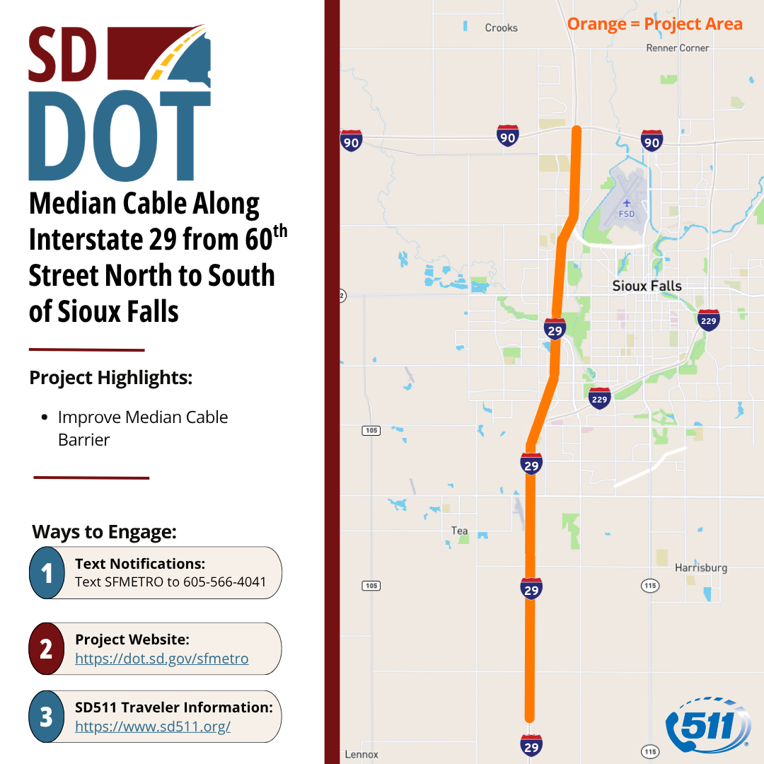 Median Cable Along Interstate 29 from 60th Street North to South of Sioux Falls