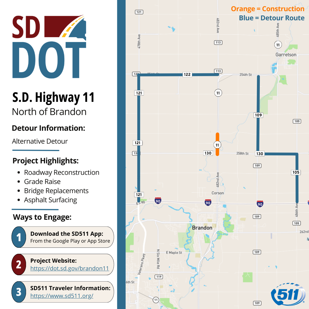 S.D. Highway 11 North of Brandon Alternate Detour Map