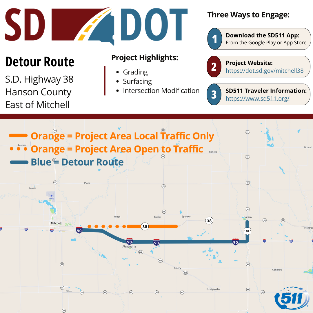 S.D. Highway 38 East of Mitchell Detour Map