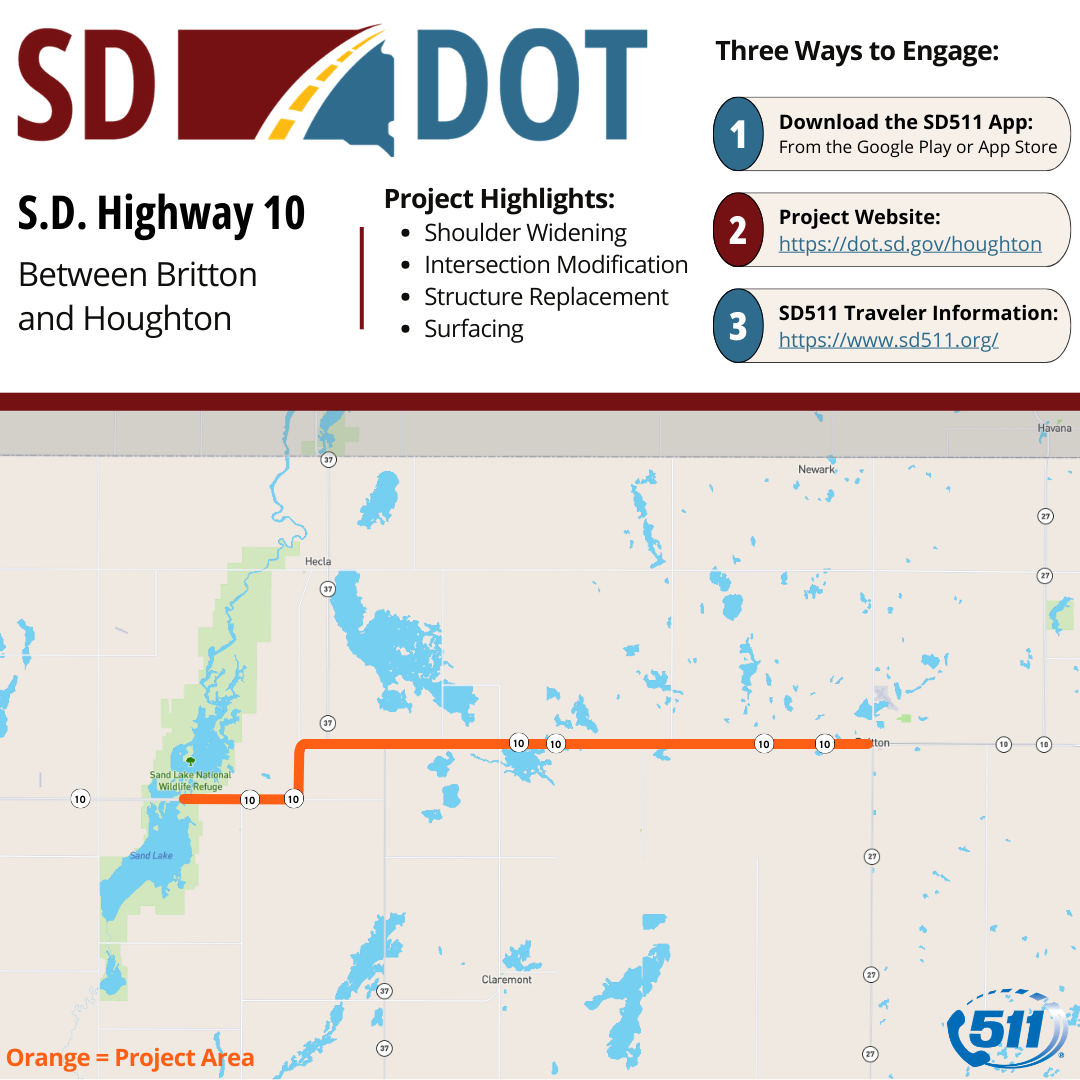 S.D. Highway 10 - Between Britton and Houghton Map