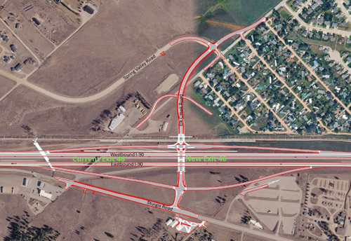 Aerial map showing the redesign of Interstate 90 Exit 46 near Elk Creek Road and Sturgis Road. The image highlights the current Exit 46 location and the planned new Exit 46 alignment. Red lines indicate new roadway connections, ramps, and intersections on both the north and south sides of I‑90, including changes to Elk Creek Road, Spring Valley Road, and Sturgis Road. Residential neighborhoods and open land surround the project area.