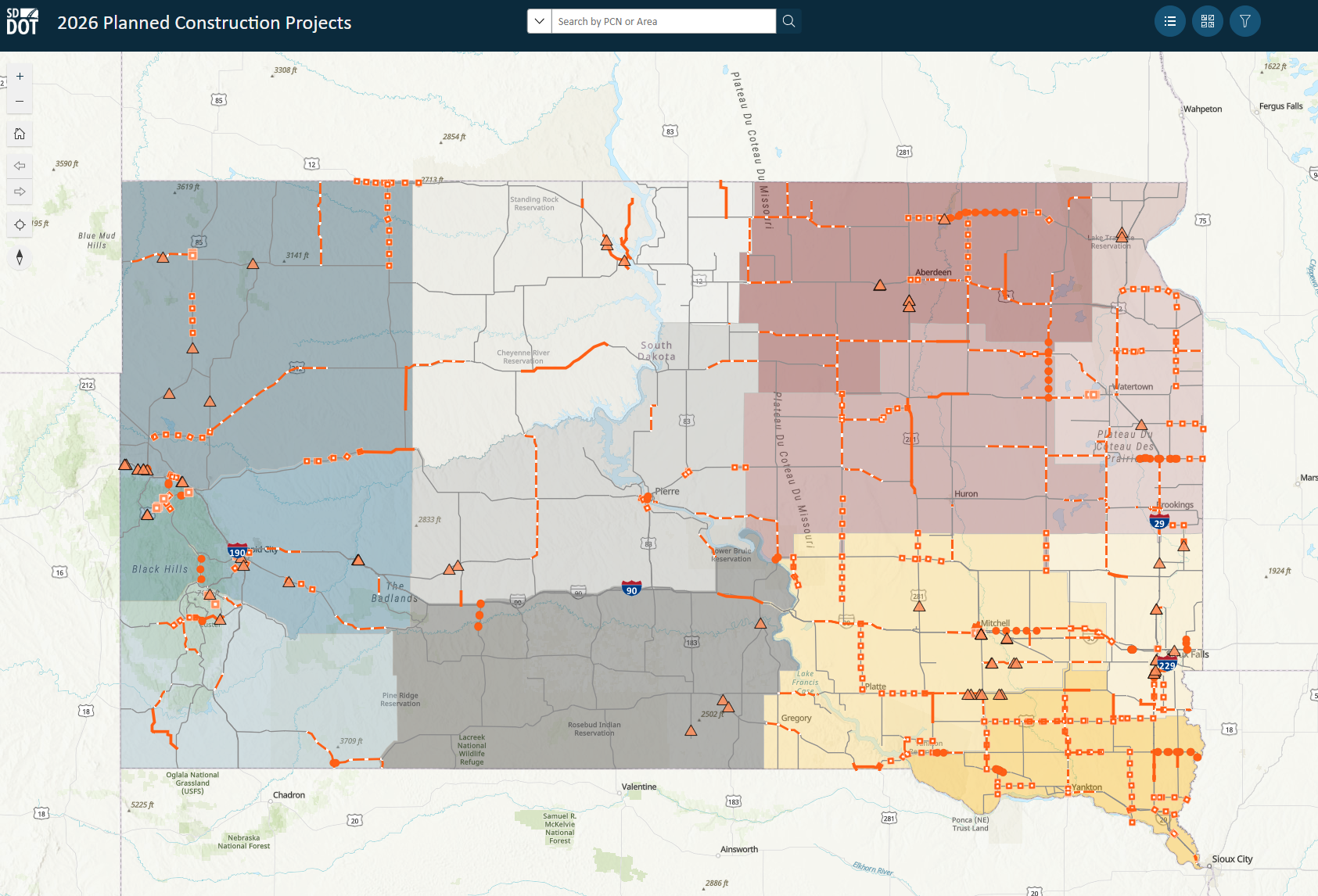 2026 Planned Construction Map for SDDOT